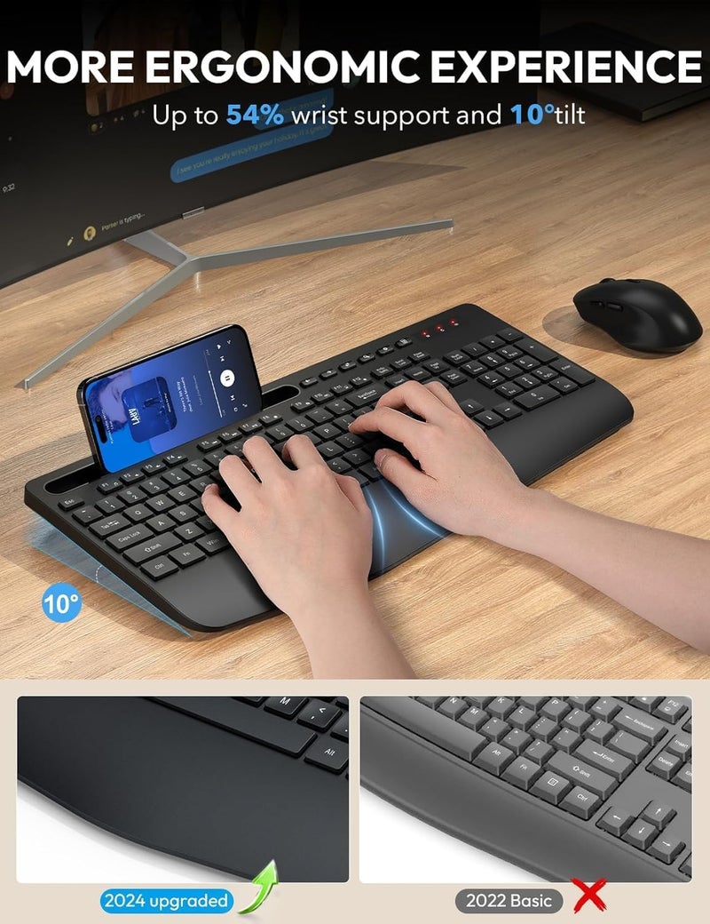 SABLUTE Wireless Keyboard and Mouse Combo - Full Size Ergonomic Wrist Rest, Silent Typing, Phone Holder, 2.4 GHz, 3 Level DPI, Batteries Powered, Compatible with PC, Laptop, Windows, macOS - Image 2